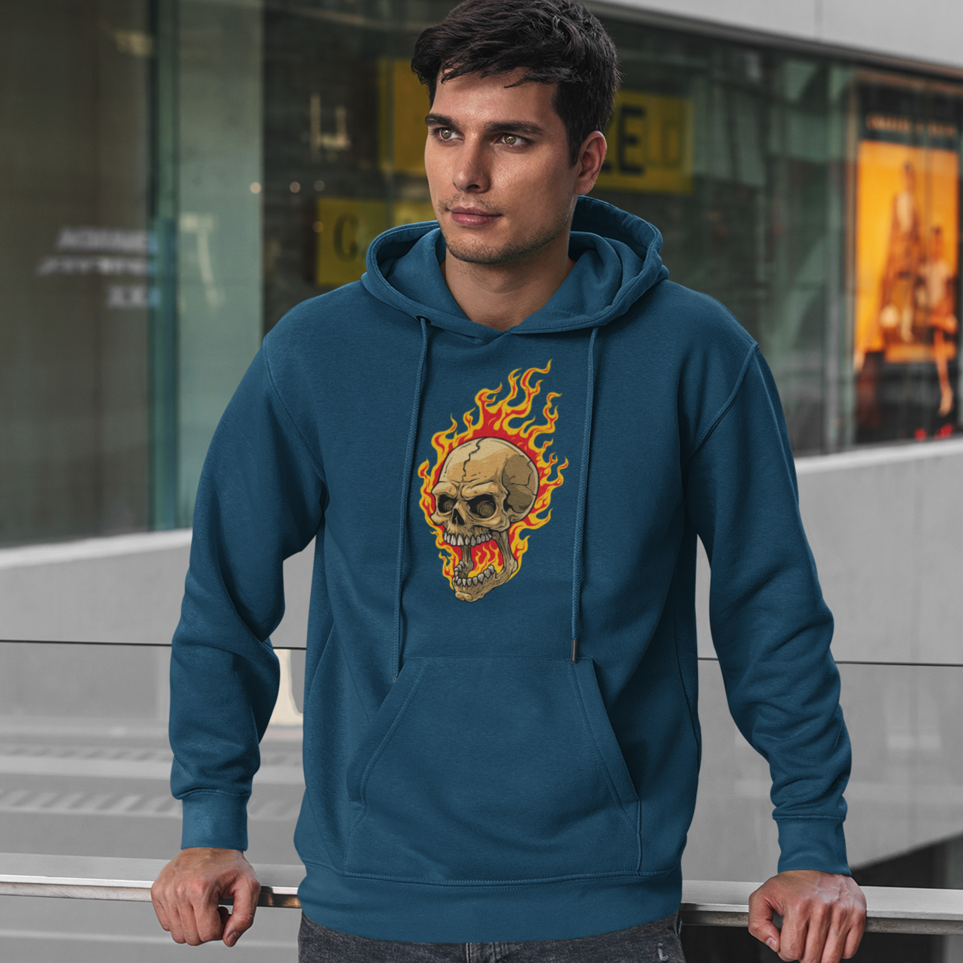 Hooded sweatshirt, rear graphic skull with flames