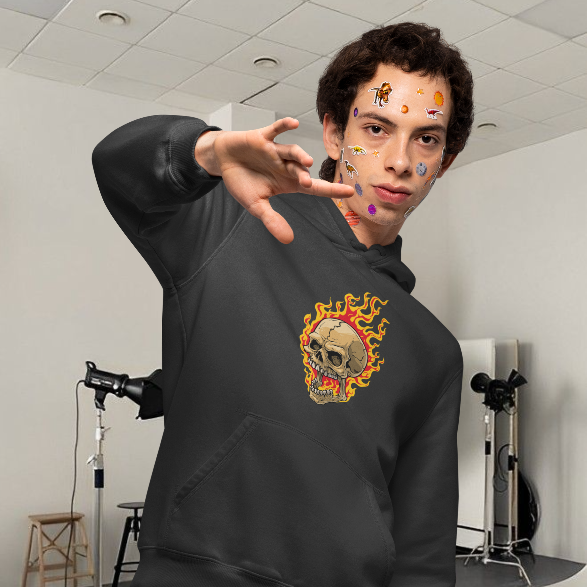 Back view of streetwear hoodie showing blazing skull graphic