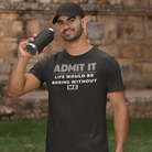 Black round neck T-shirt for men with humorous text