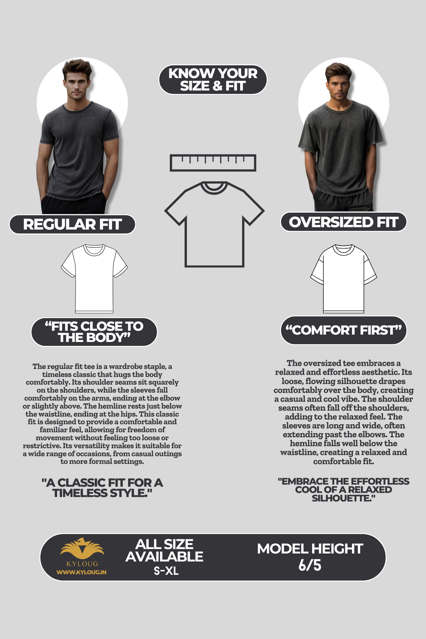 T-shirt size and fit guide with text and diagrams on a gray background