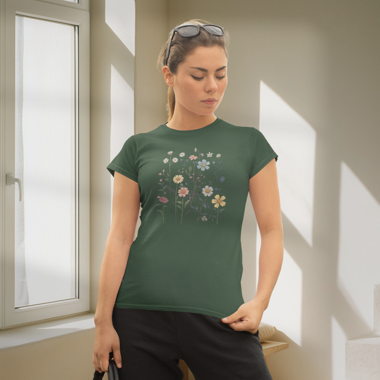Blossoms printed crew neck half sleeve T-shirt for Women.