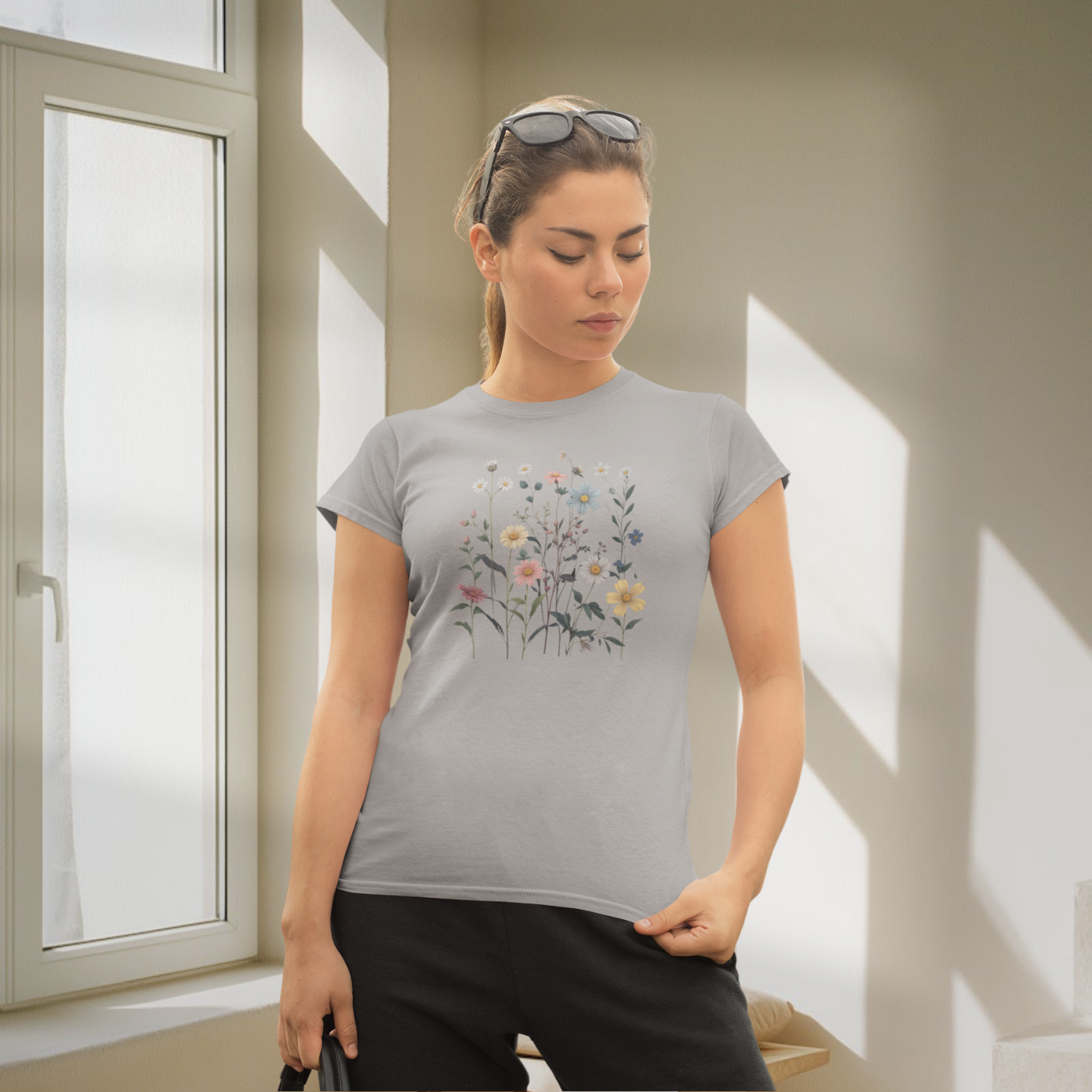 Blossoms printed crew neck half sleeve T-shirt for Women.