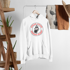 Hood up view of printed streetwear hoodie