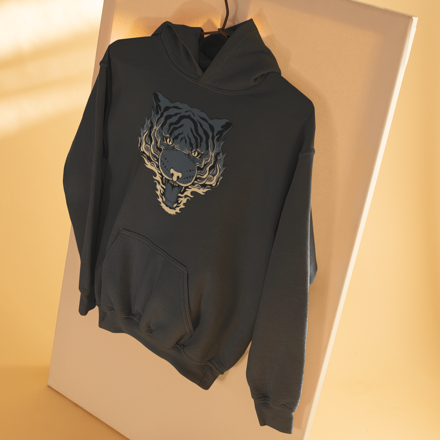 Tiger stripe pattern merged with face on hoodie