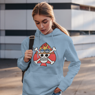 Women baby blue hoodie with skull and hat graphic