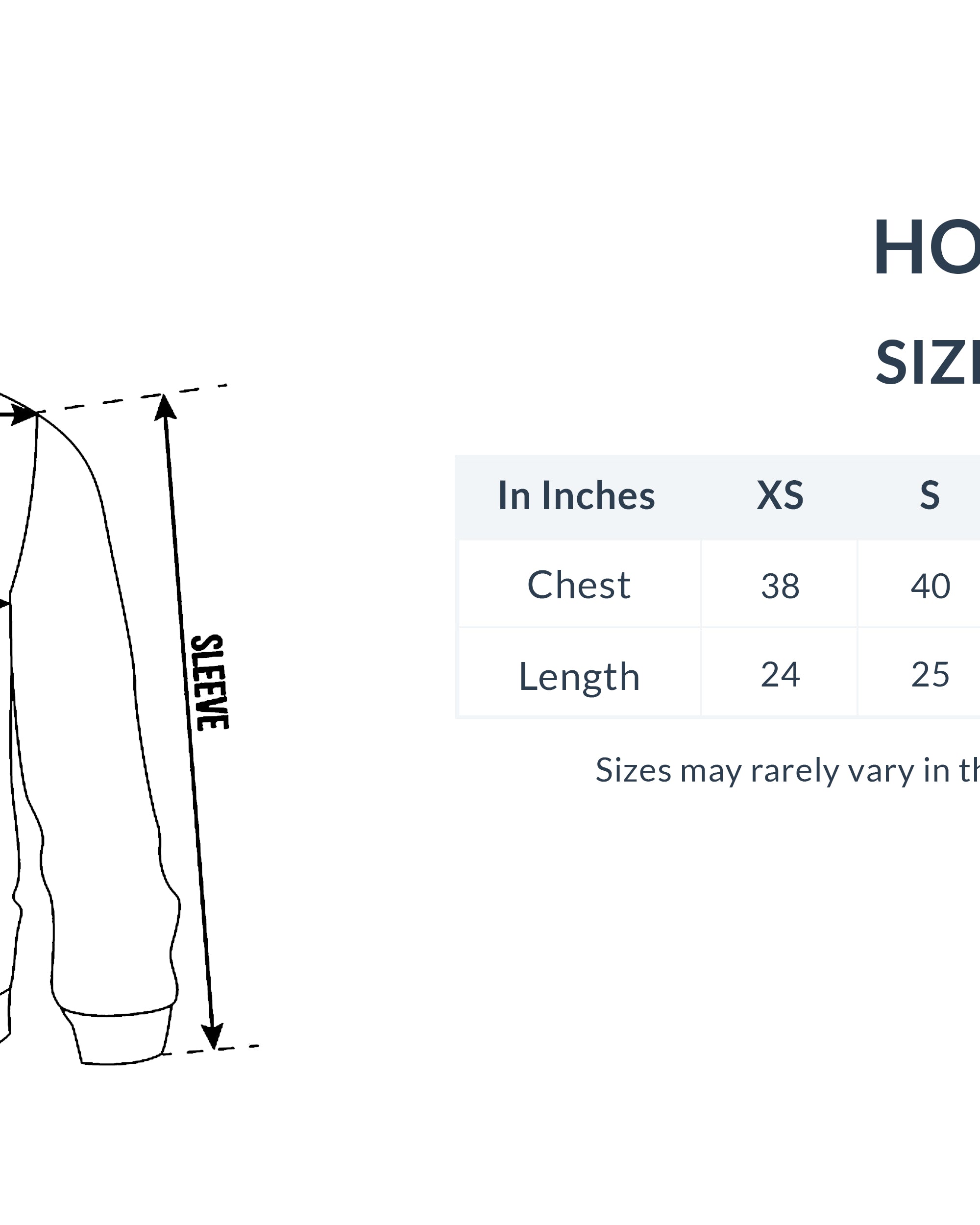 Hoodie size guide with measurements on a white background