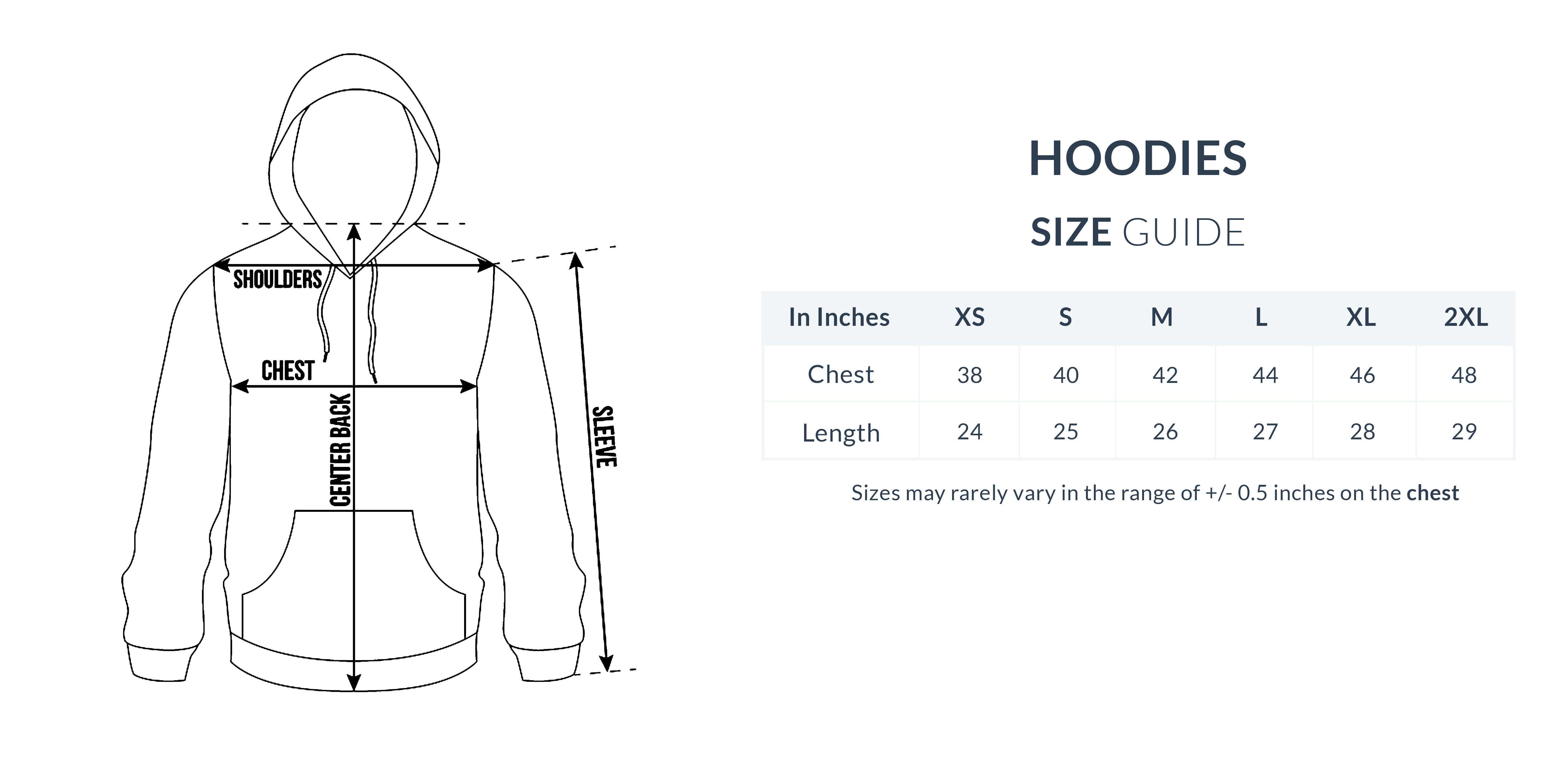 Hoodie size guide with measurements on a white background