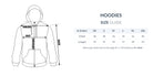 Hoodie size guide with measurements on a white background
