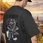 oversized white T-shirt with a back print that includes the text 'PLAYHIGH'