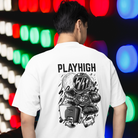 oversized white T-shirt with a back print that includes the text 'PLAYHIGH'