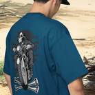 oversized black t-shirt with a graphic print on the back showing a person on a motorbike.
