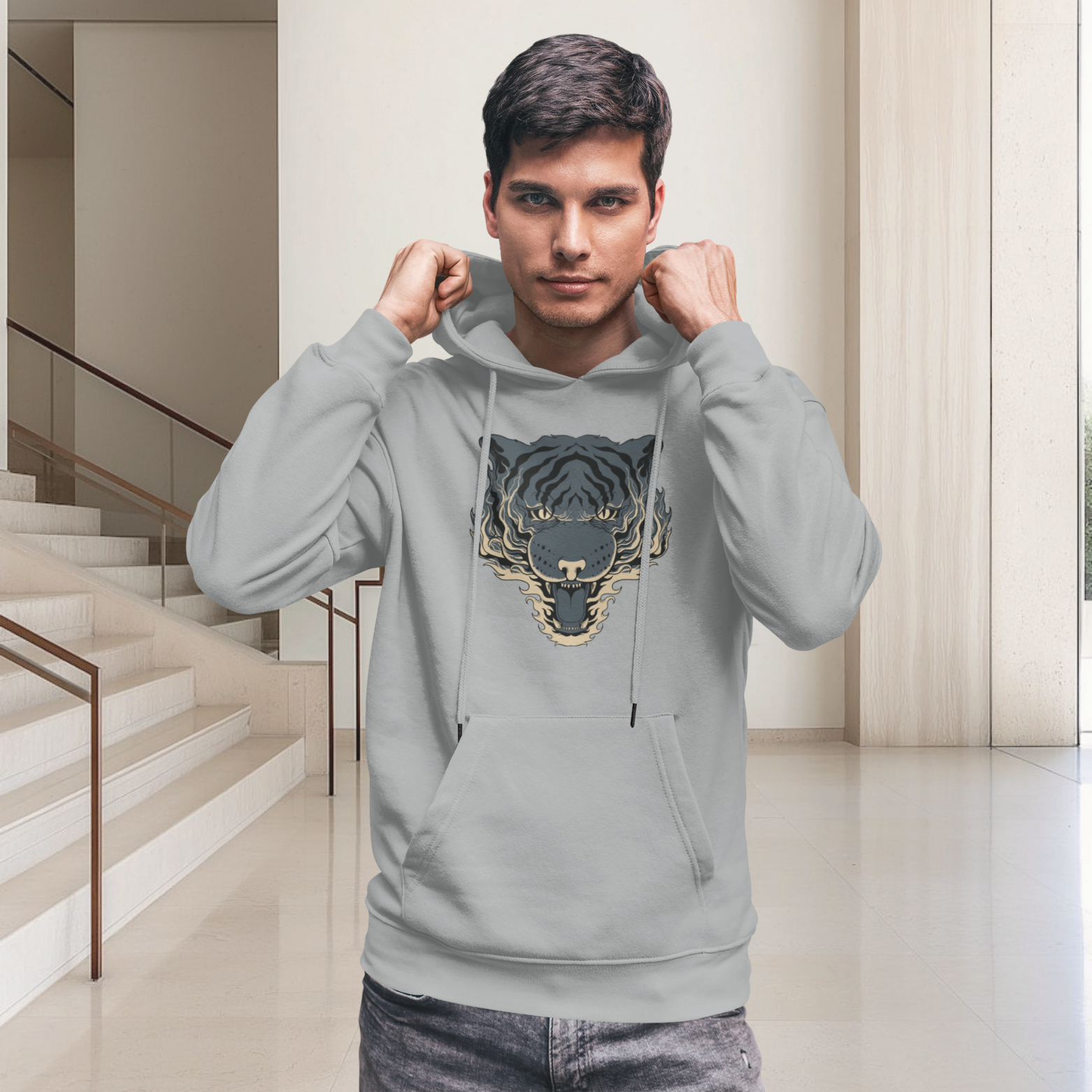 Melange Grey hoodie with bold tiger face print
