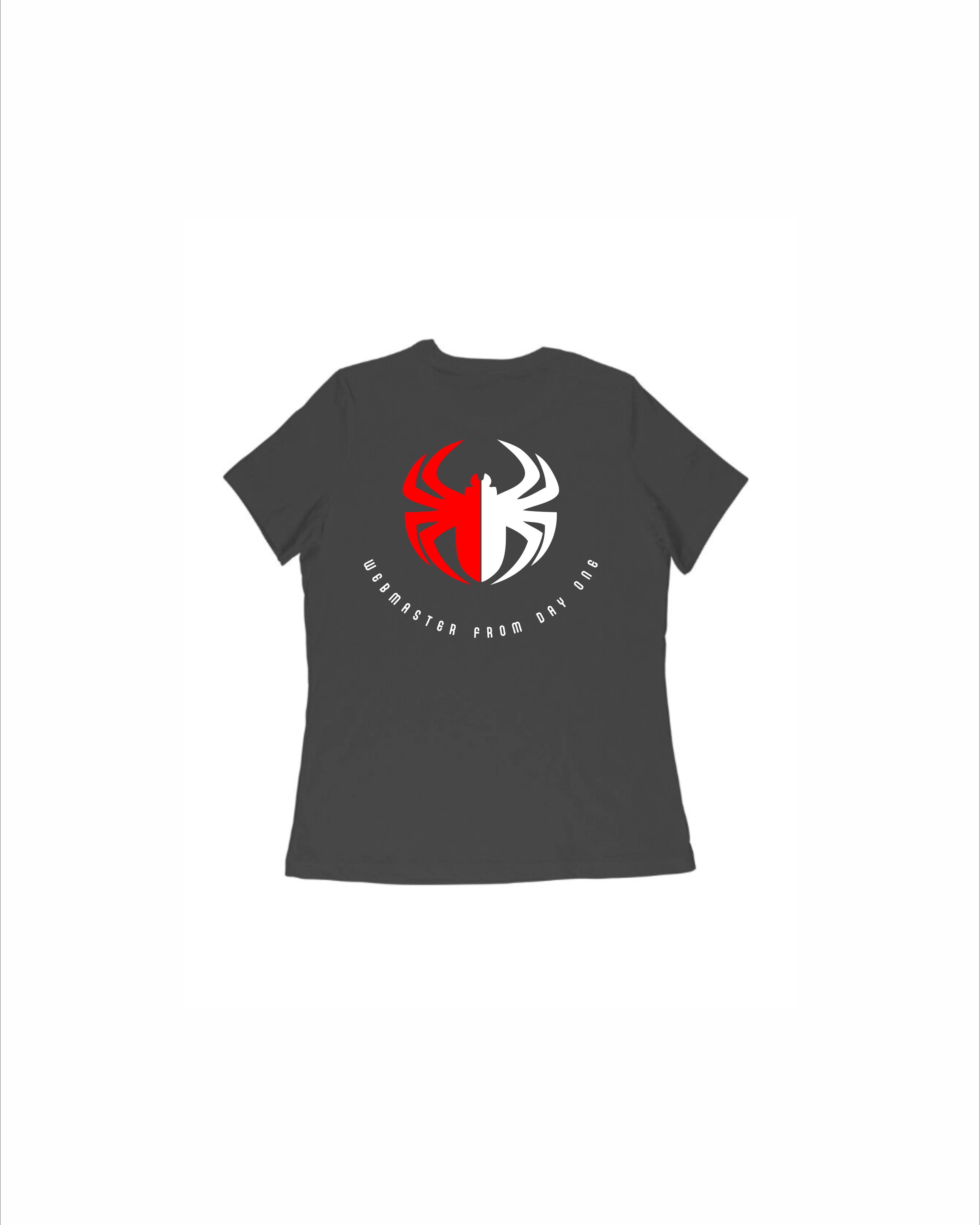 Black t-shirt with a red and white logo