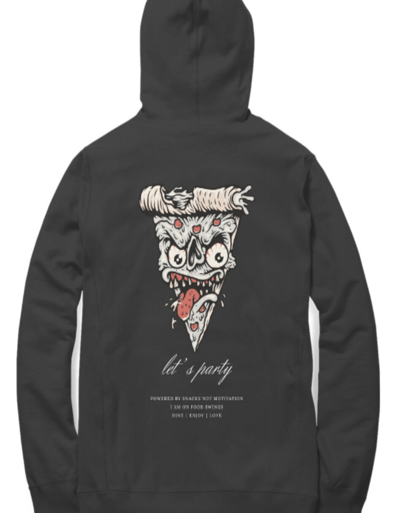 Black hoodie with a pizza-themed graphic on the back