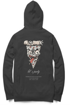 Black hoodie with a pizza-themed graphic on the back