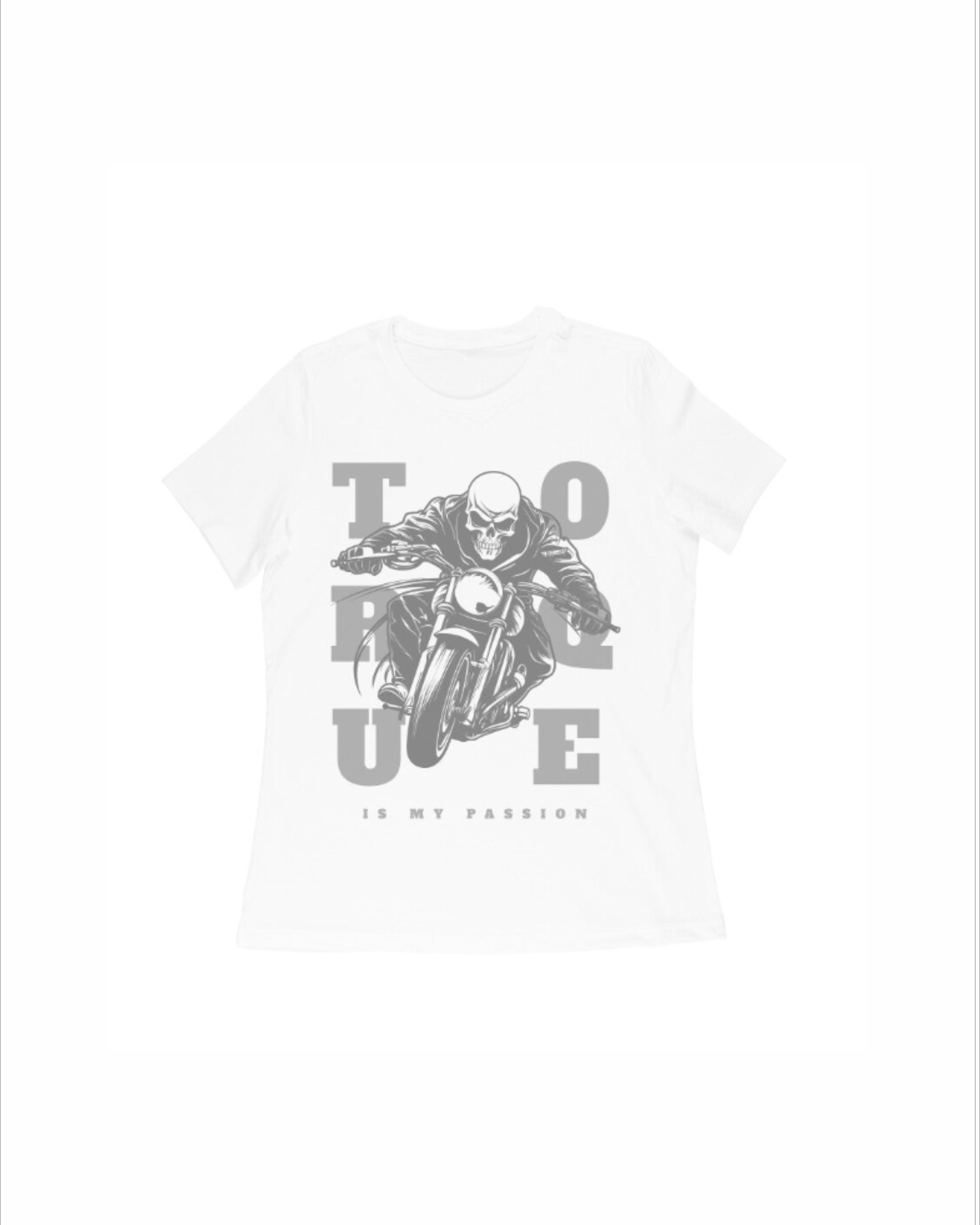 White t-shirt with a graphic of a motorcycle and text