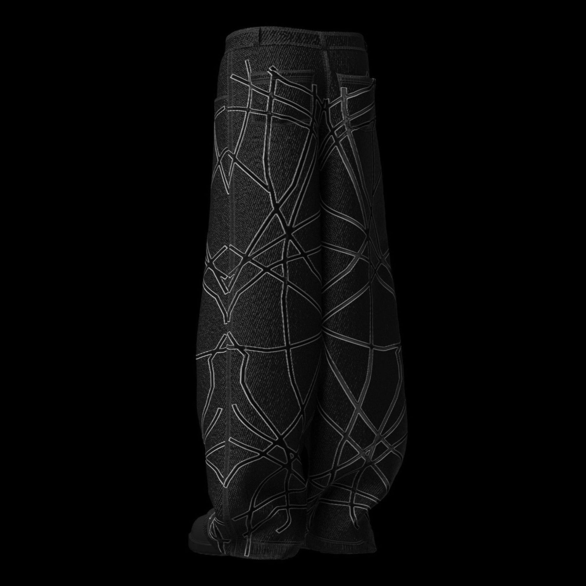 Black pants with geometric white patterns on a black background