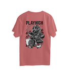 oversized white T-shirt with a back print that includes the text 'PLAYHIGH' and a graphic related to gaming.