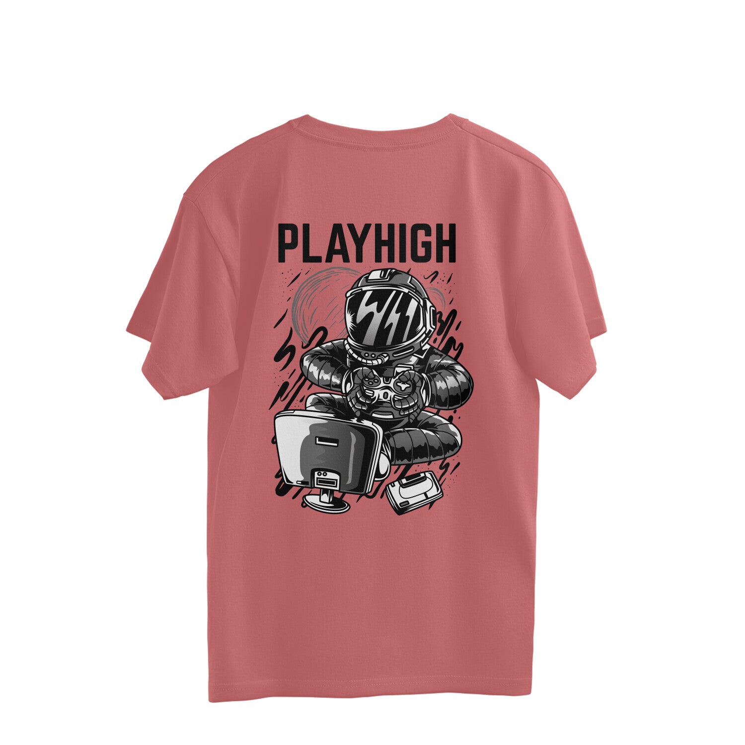 oversized white T-shirt with a back print that includes the text 'PLAYHIGH' and a graphic related to gaming.