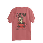 Dusty Rose oversized T-shirt with a graphic print coffee cup and the text 'Coffee always comes first'.