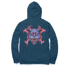 black hoodie with a graphic print of a stylized animal on the back.