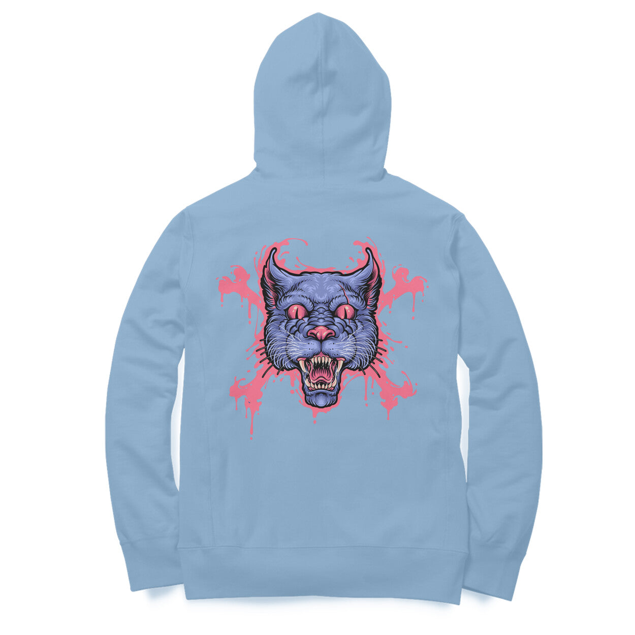 black hoodie with a graphic print of a stylized animal on the back.