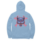 black hoodie with a graphic print of a stylized animal on the back.