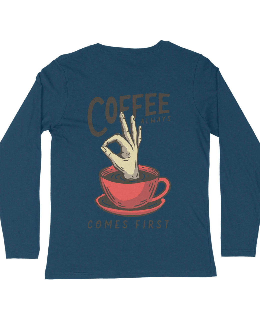 Women coffee lover back graphic full sleeve tshirt navy blue