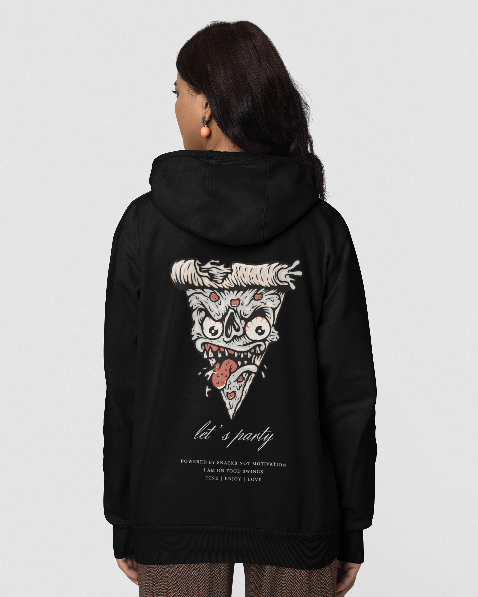 black hoodie with a graphic design on the back