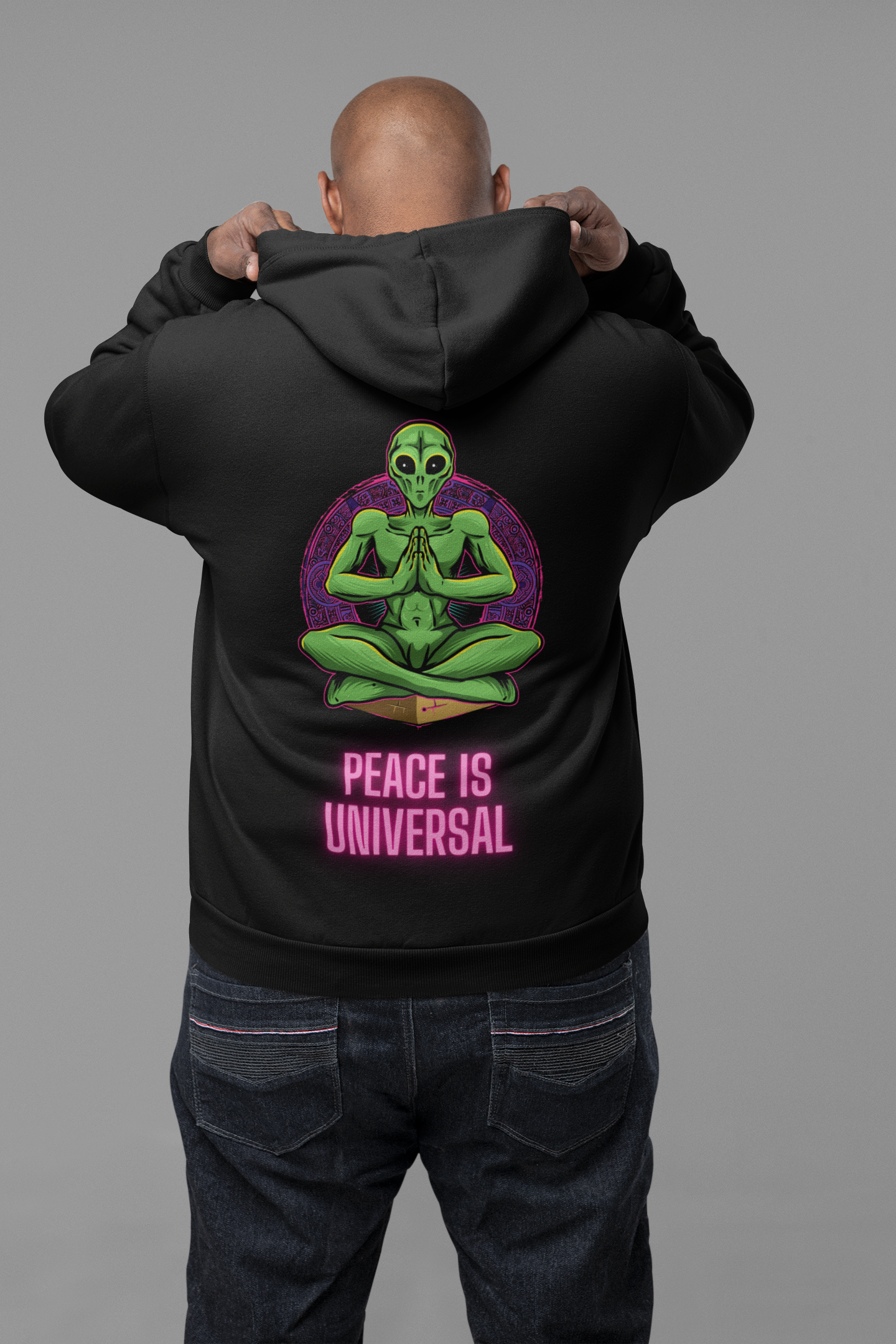 peace is universal black graphic back oversized hoodie for men
