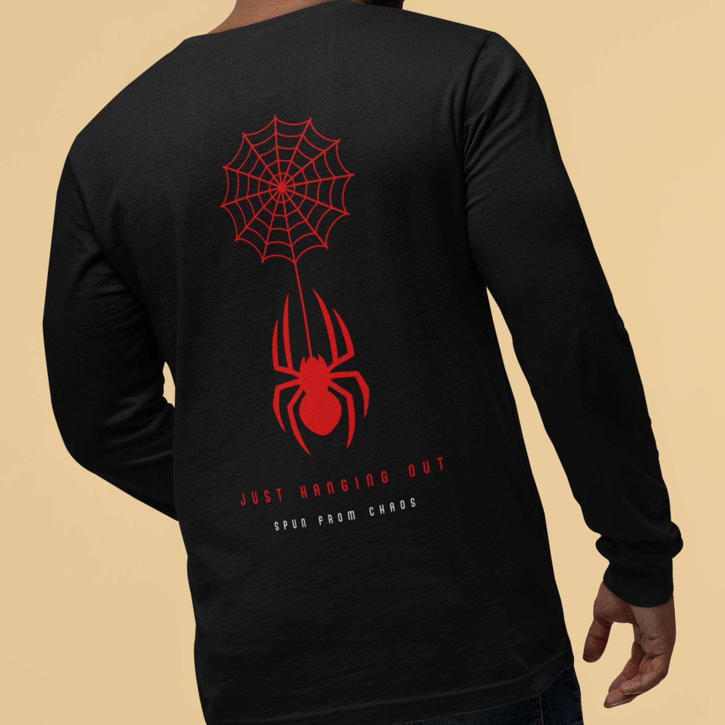 Men’s black round neck t-shirt with spider back print