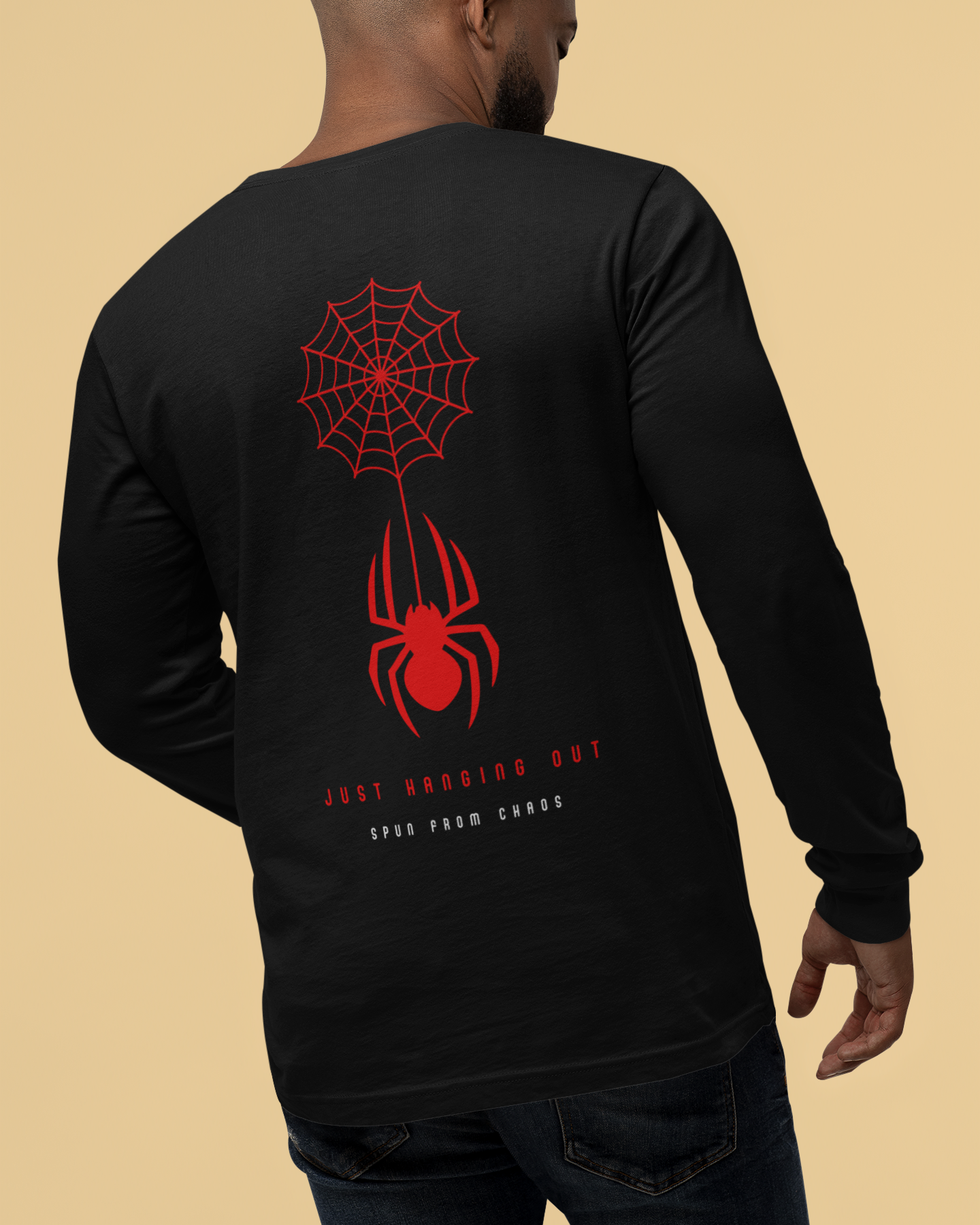 Men’s black round neck t-shirt with spider back print
