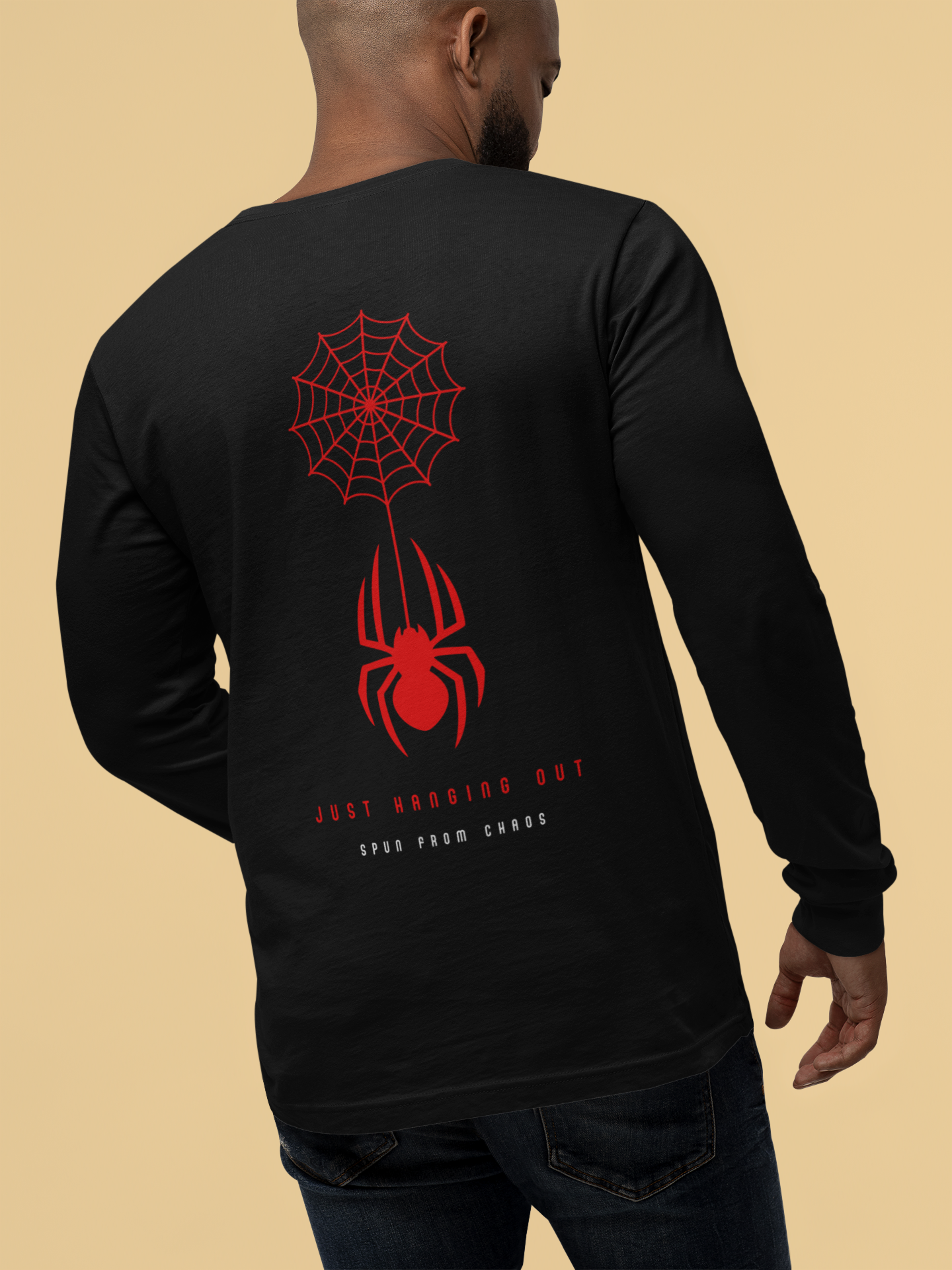 Men’s black round neck t-shirt with spider back print