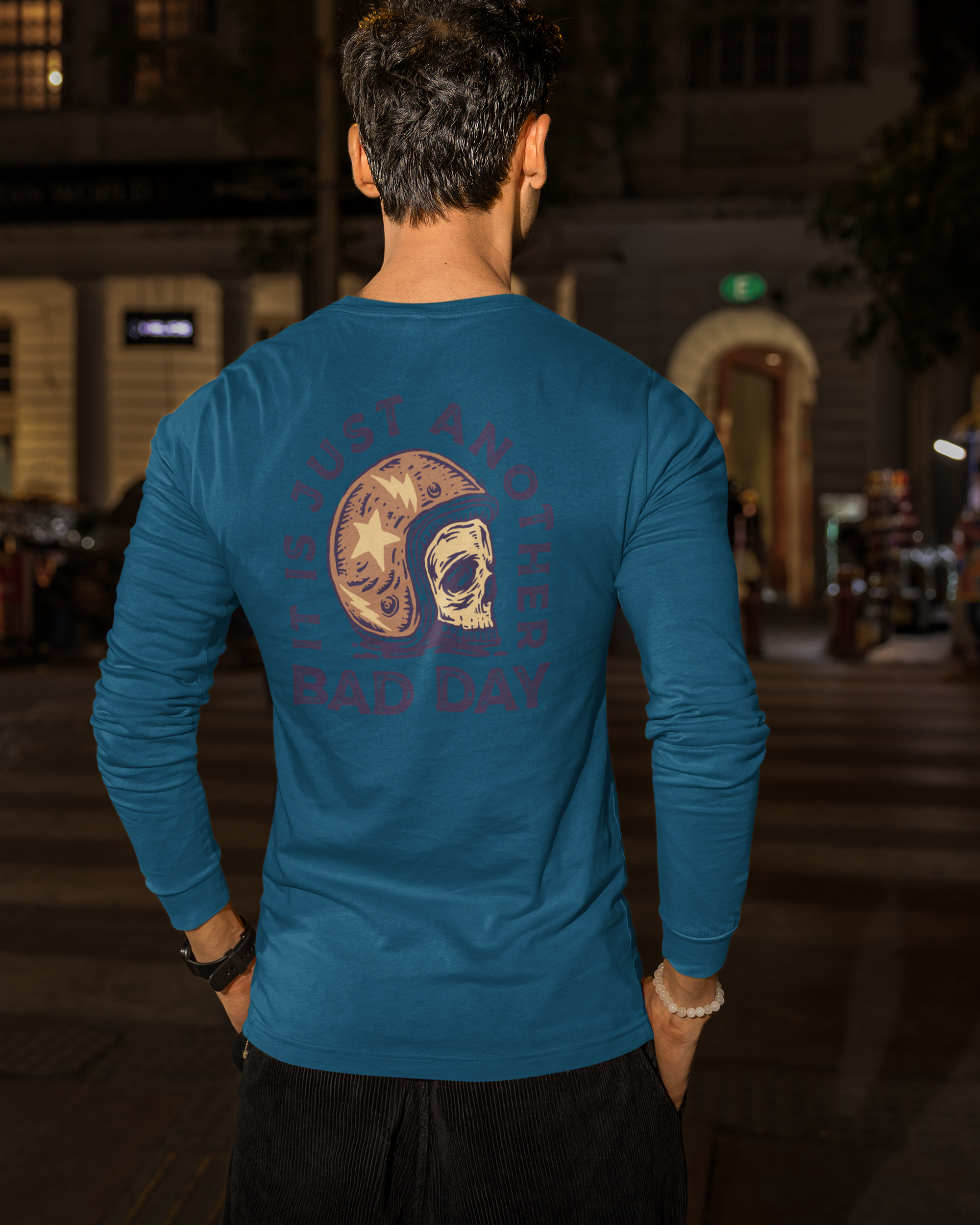 Men wearing navy blue graphic full sleeve T-shirt