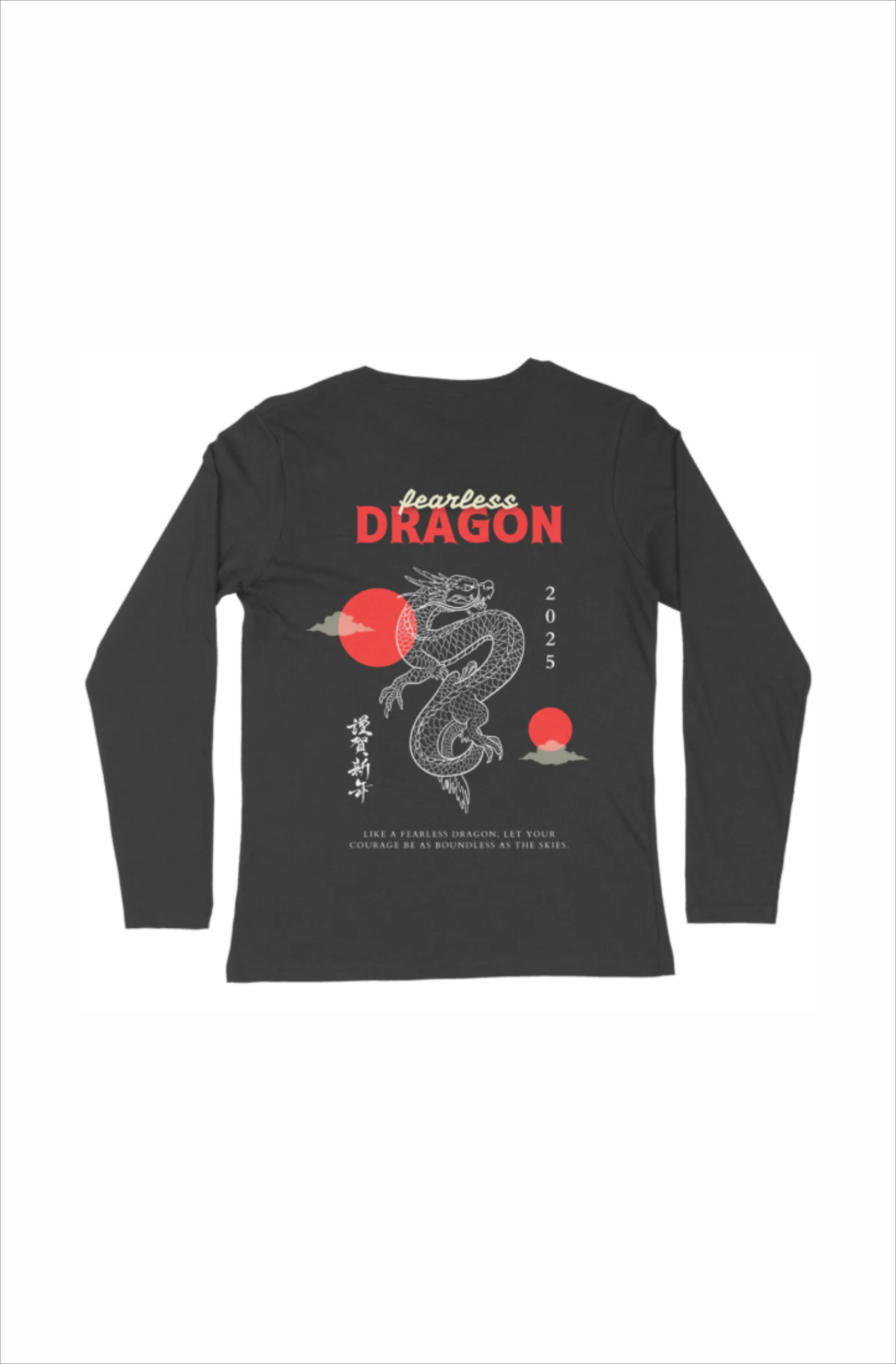 Bold dragon graphic on back of men’s long sleeve tee