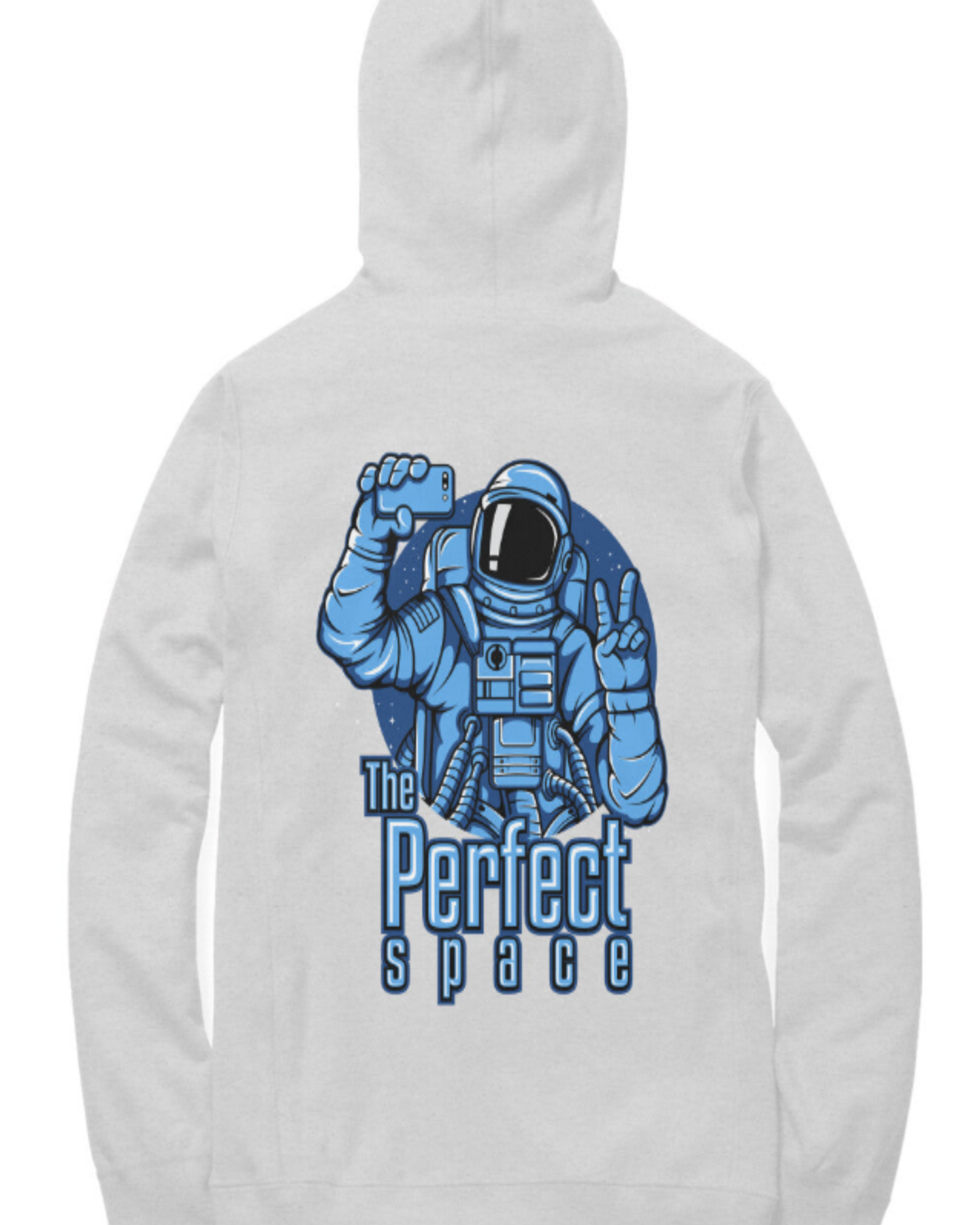 Grey hoodie with blue astronaut graphic and 'The Perfect Space' text on a white background