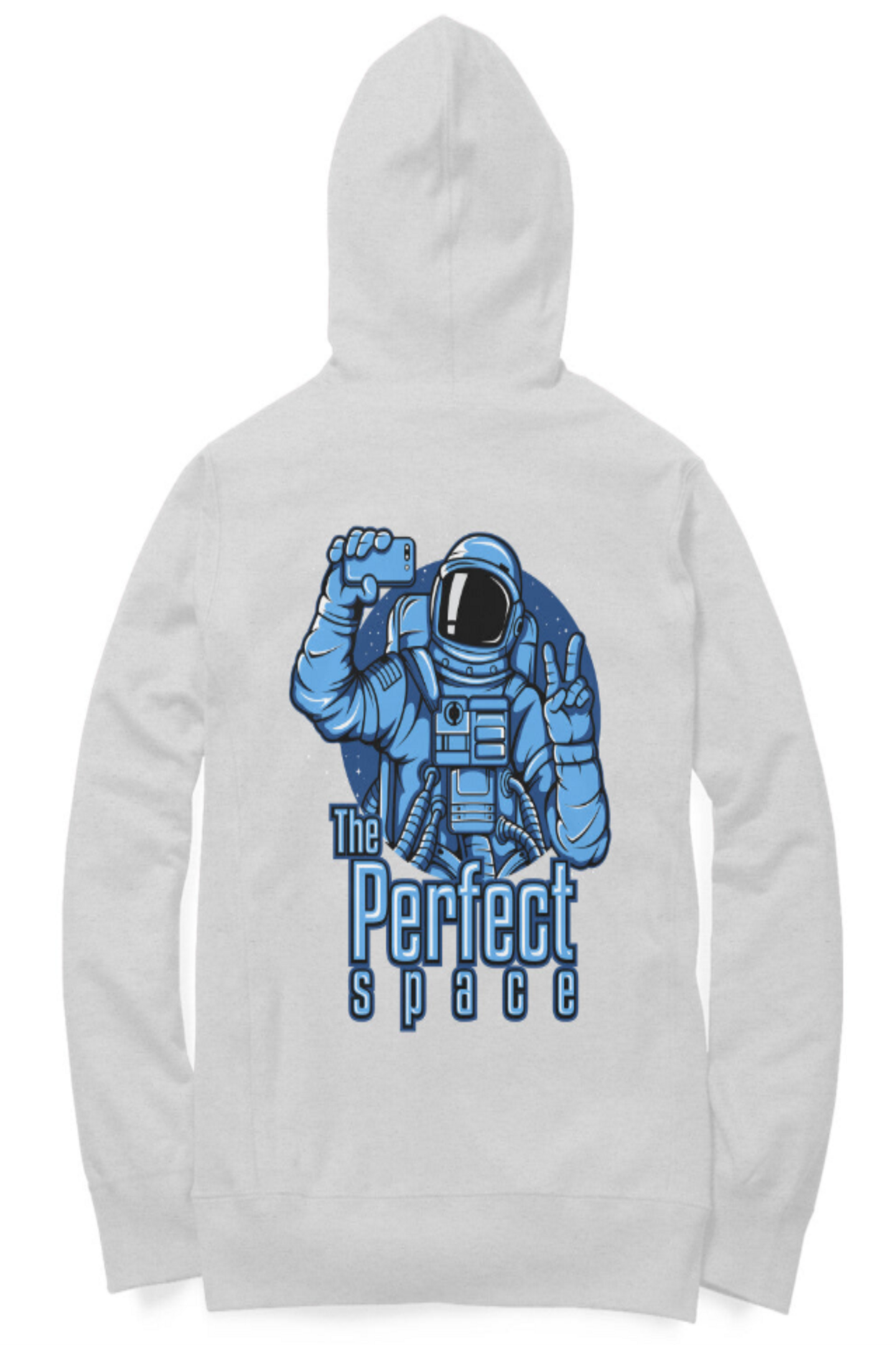 Grey hoodie with blue astronaut graphic and 'The Perfect Space' text on a white background