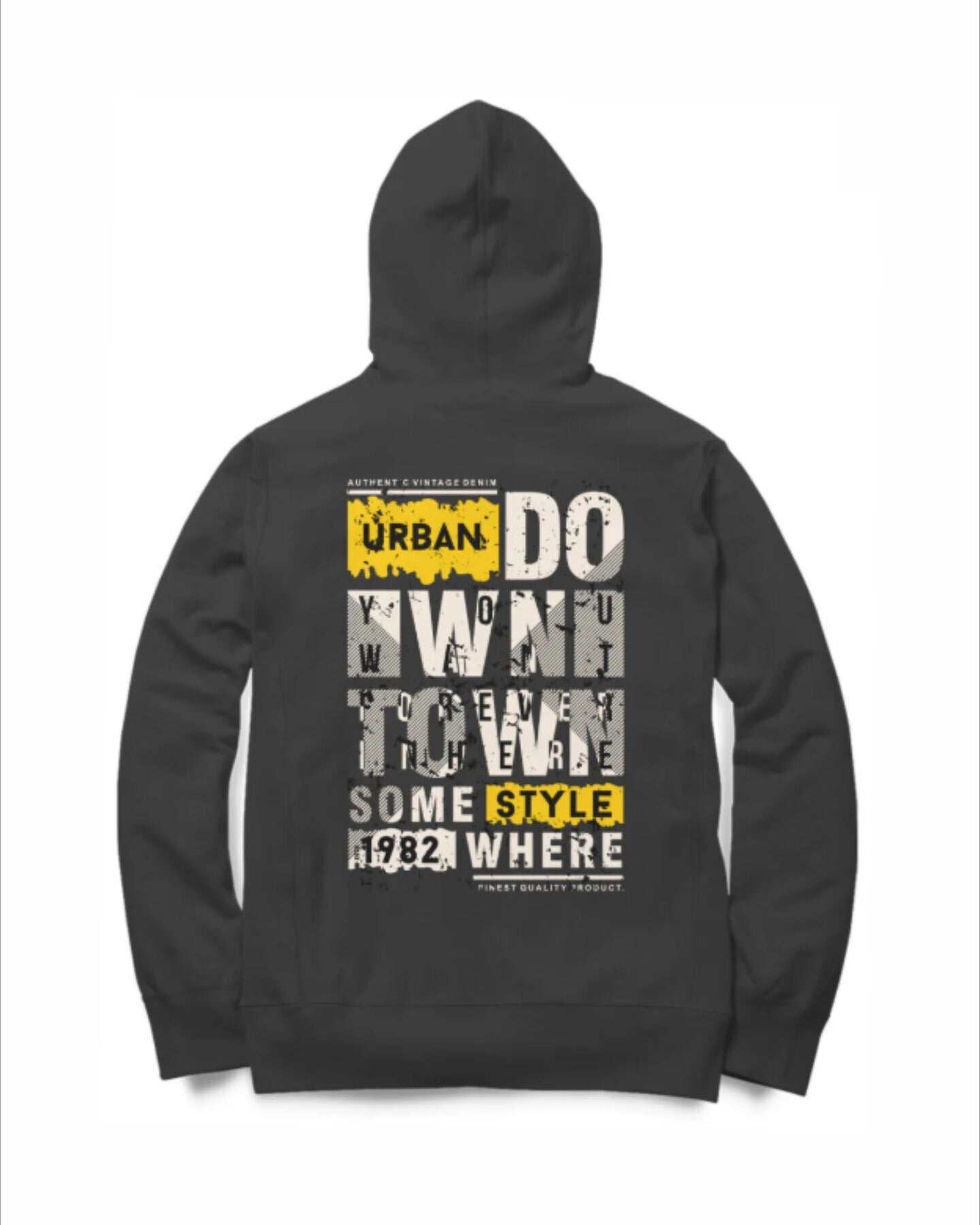 Black hoodie with text on the back on a white background