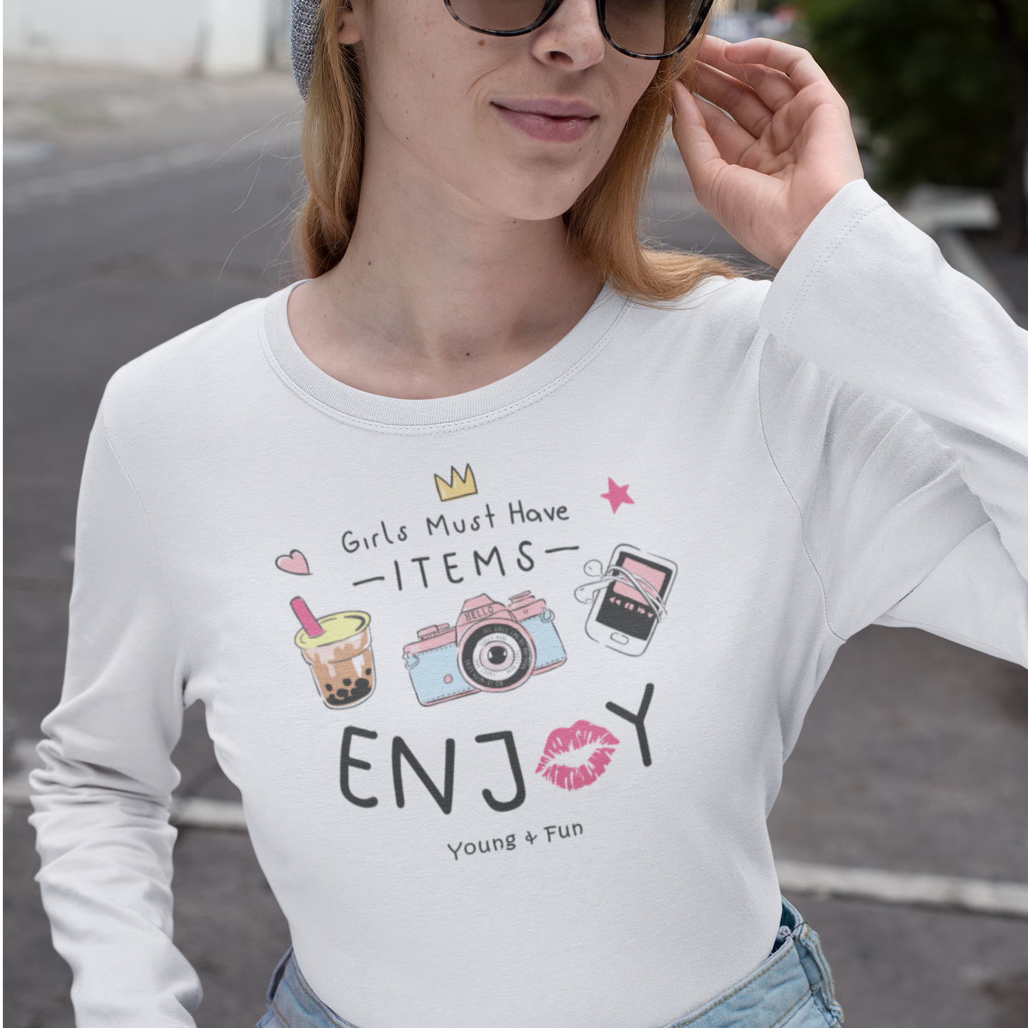 Enjoy-White Graphic Printed Full Sleeve Regular Fit Tshirt for Women