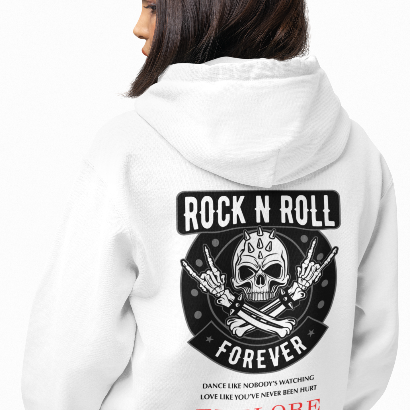 white hoodie with a skull design and text on the back