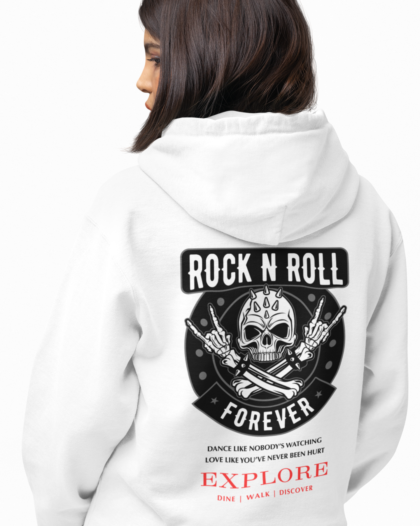 white hoodie with a skull design and text on the back