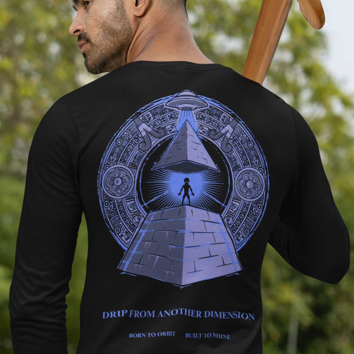 black long-sleeve shirt with a pyramid design on the back