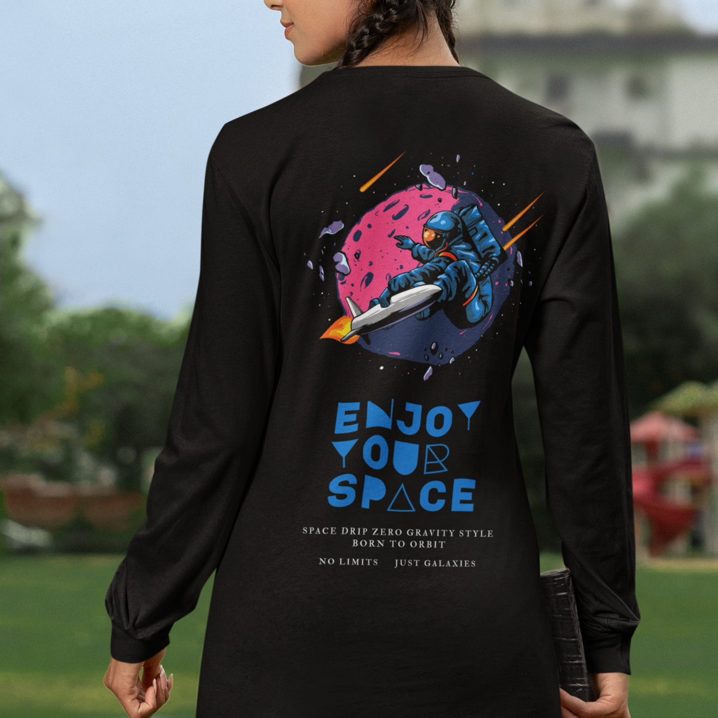 Stylish black full sleeve t-shirt for women with space design