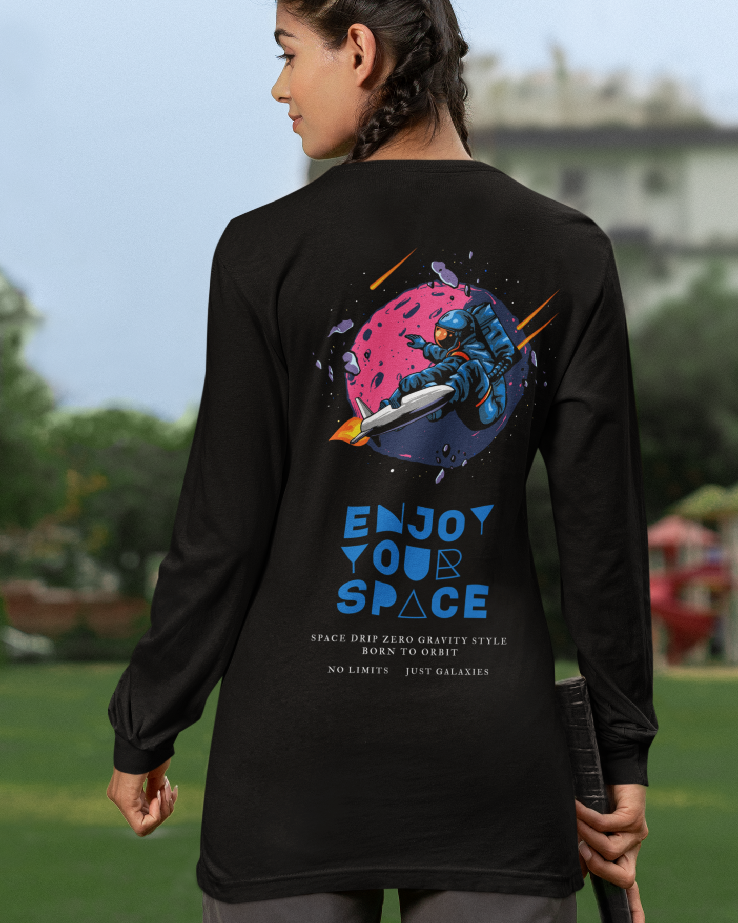 Stylish black full sleeve t-shirt for women with space design