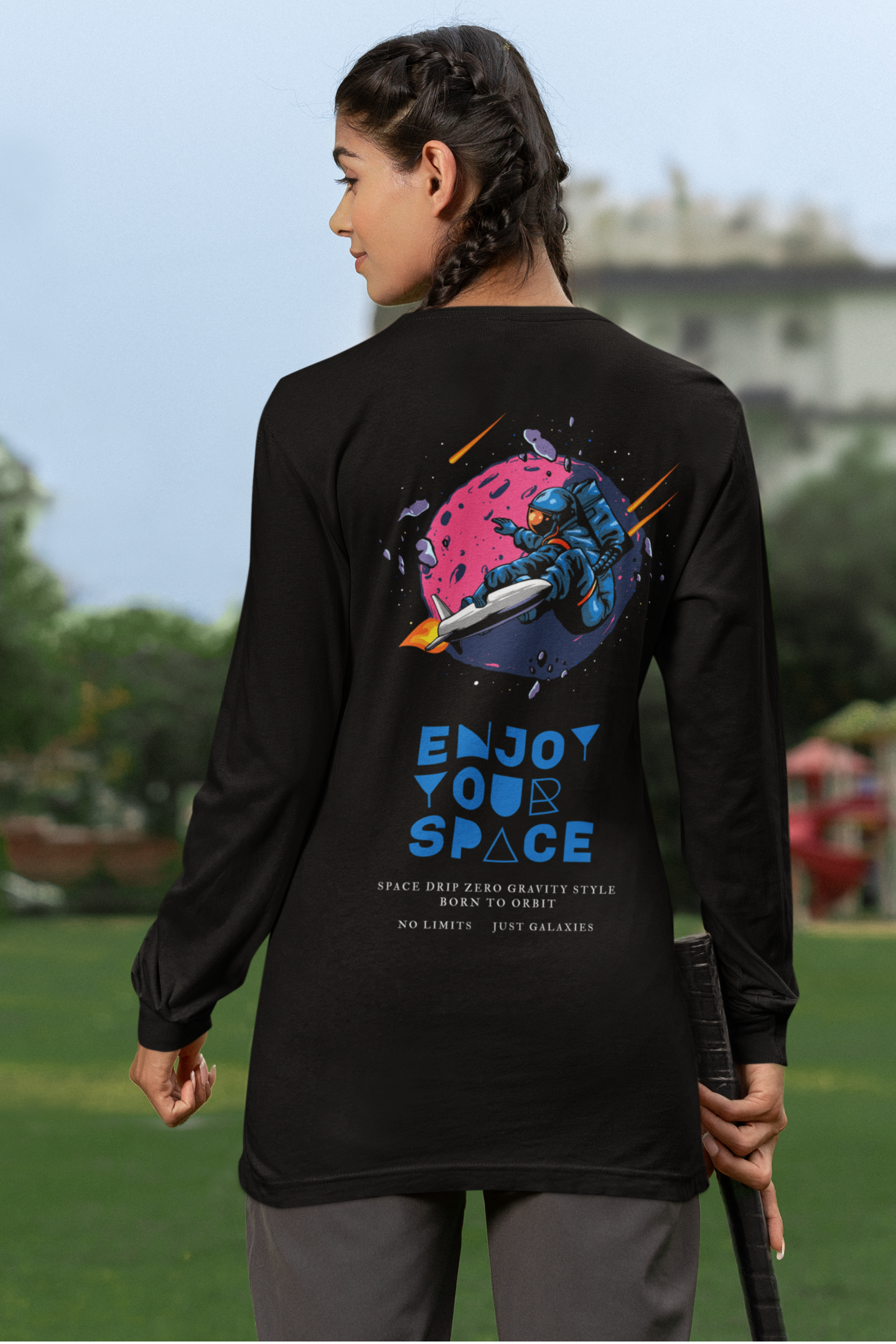 Stylish black full sleeve t-shirt for women with space design