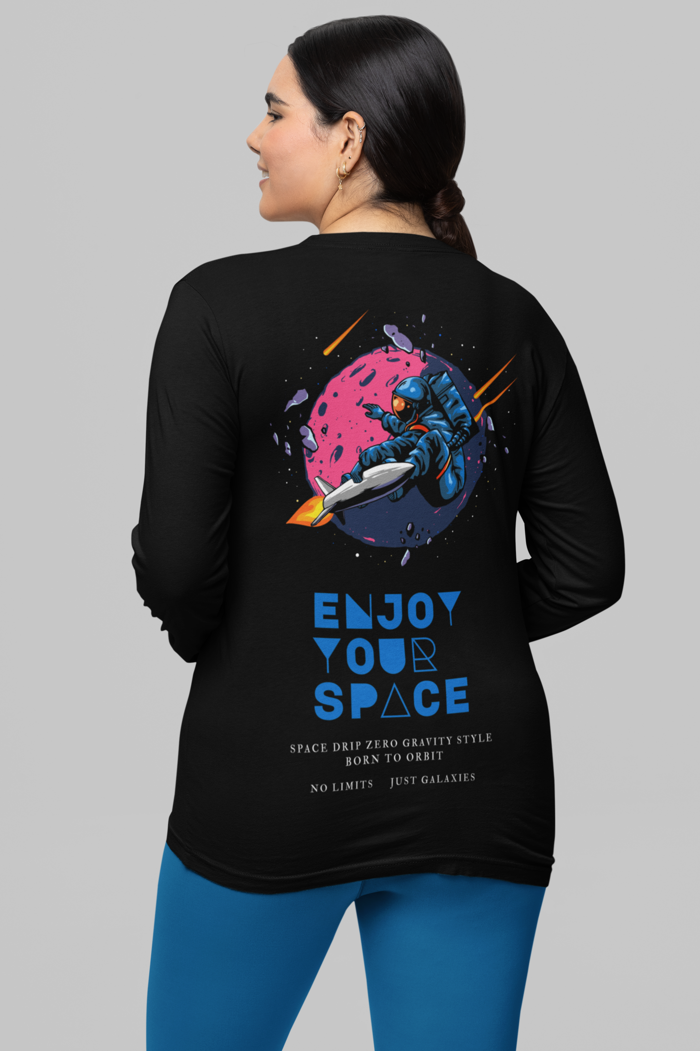 Women’s black t-shirt with space-themed back print