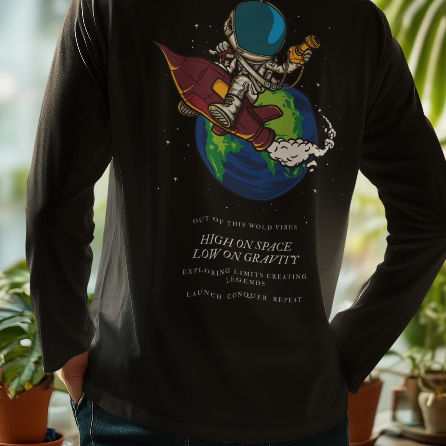 Black full sleeve back printed round neck t-shirt for men