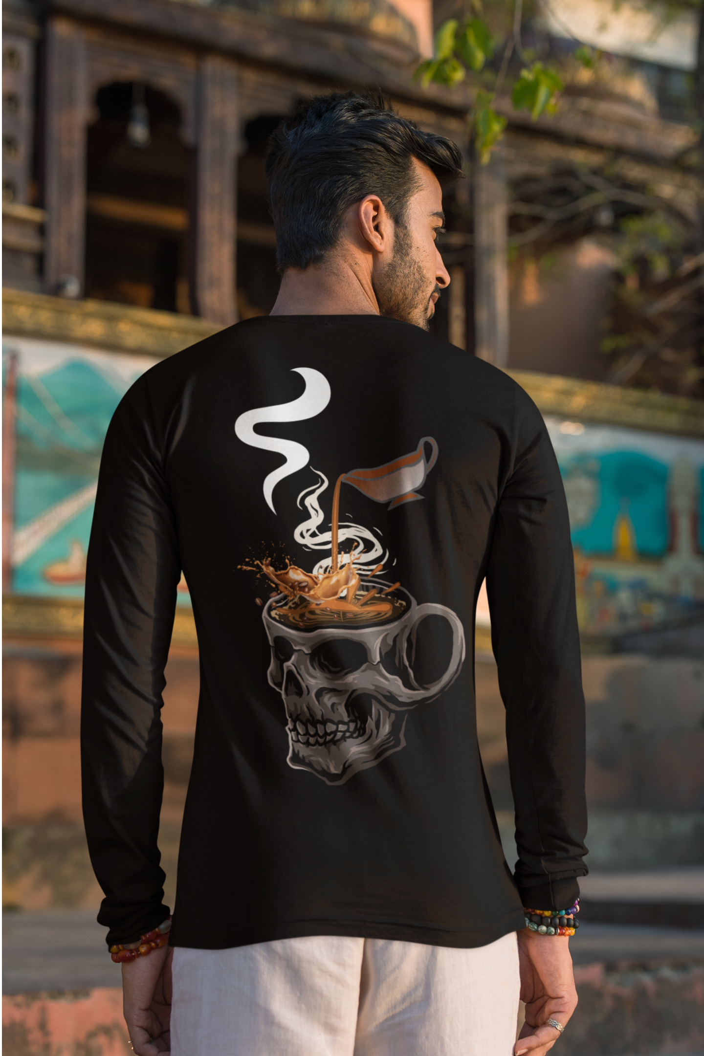 black full sleeve back printed round neck t-shirt for men