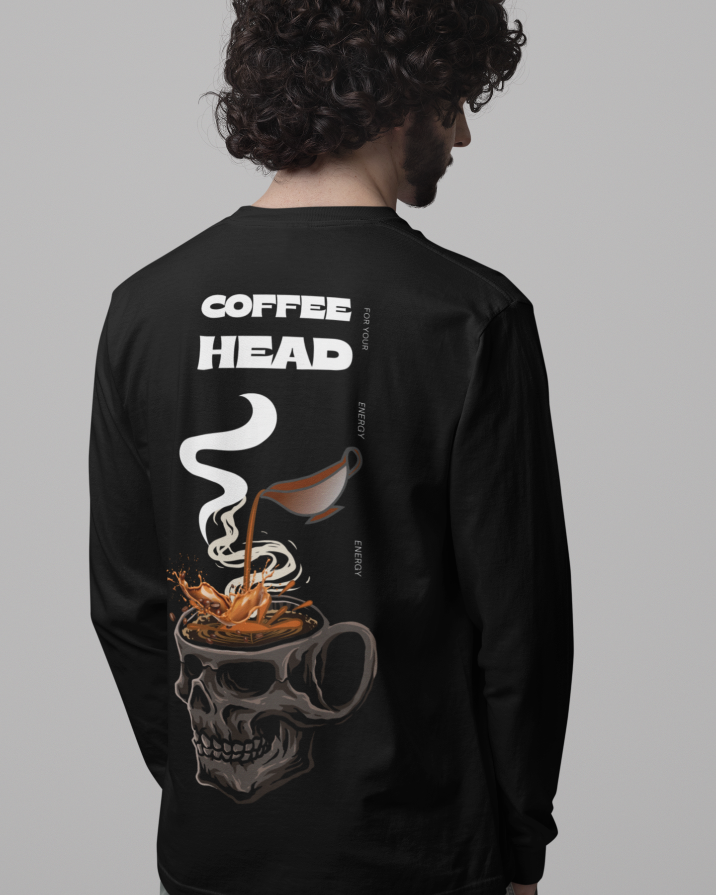 Men’s black round neck back printed t-shirt with coffee quote