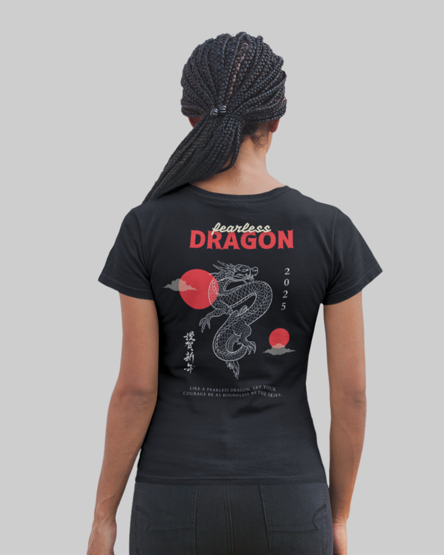 Black t-shirt with a dragon design and text on the back